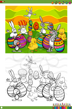 Cartoon Illustrations of Easter Bunnies and Chickens with Eggs Coloring Book