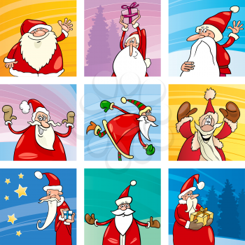 Cartoon Illustration of Christmas Design Elements or Cards with Santa Claus Characters Set