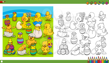 Black and White Cartoon Illustrations of  Easter Chicken  Characters with Eggs Coloring Book