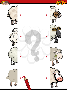 Cartoon Illustration of Educational Activity of Matching Halves with Sheep Farm Animal Characters