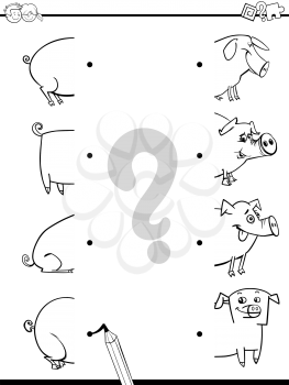 Black and White Cartoon Illustration of Educational Activity of Matching Halves with Pig Farm Animal Characters Coloring Page