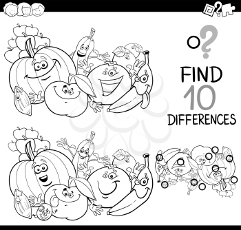 Black and White Cartoon Illustration of Finding Details Educational Activity for Children with Fruit and Vegetable Characters Coloring Page