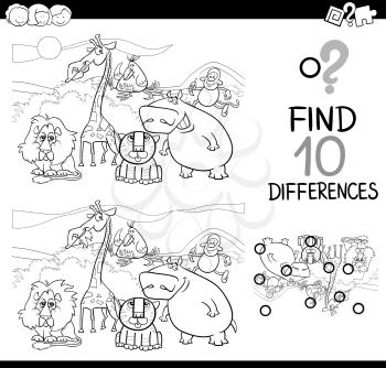 Black and White Cartoon Illustration of Finding Details Educational Activity for Children with Vegetable Safari Animal Characters Coloring Book