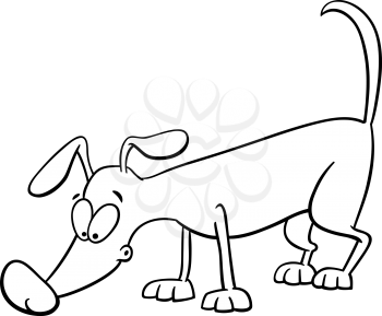 Black and White Cartoon Illustration of Sniffing Dog Animal Character Coloring Book