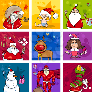 Cartoon Illustration of Christmas Design Elements or Greeting Cards with Santa Claus Characters Collection