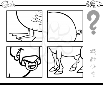 Black and White Cartoon Illustration of Educational Activity Task of Guessing Animals for Children Coloring Page