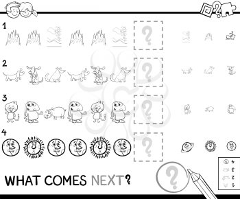 Black and White Cartoon Illustration of Completing the Pattern Educational Activity Game for Children Coloring Book