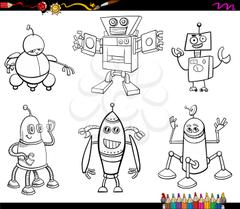 Black and White Cartoon Illustration of Robot Characters Set Coloring Book
