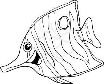 Black and White Cartoon Illustration of Sixspine or Butterfly Fish Exotic Sea Life Animal Character Coloring Page