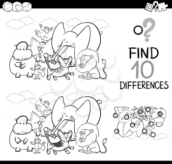 Black and White Cartoon Illustration of Finding Details Educational Activity for Children with Safari Animal Characters Coloring Page