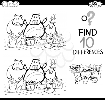 Black and White Cartoon Illustration of Finding Details Educational Activity for Children with Wild Animal Characters Coloring Page