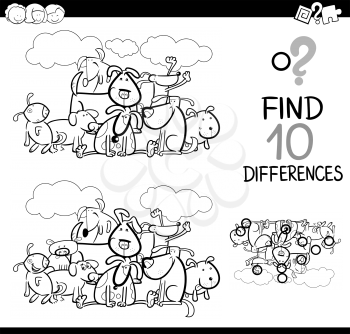 Black and White Cartoon Illustration of Finding Details Educational Activity for Children with Dogs Animal Characters Coloring Page