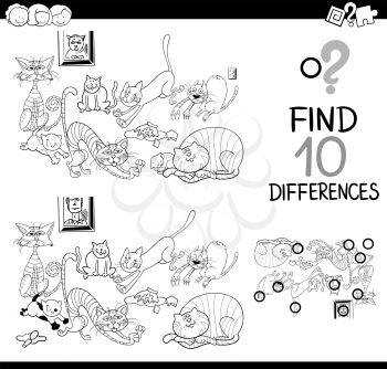 Black and White Cartoon Illustration of Finding Details Educational Activity for Children with Cats Animal Characters Coloring Page