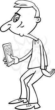 Black and White Cartoon Illustration of Man and Virtual Money on his Smart Phone