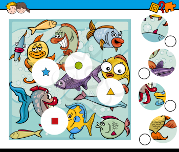 Cartoon Illustration of Educational Match the Elements Game for Children with Sea Animal Characters