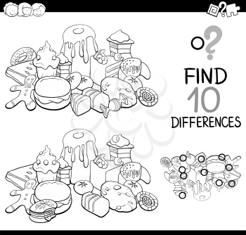 Black and White Cartoon Illustration of Finding Differences Educational Activity for Children with Sweet Food Coloring Page
