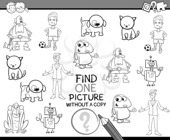 Black and White Cartoon Illustration of Educational Activity of Finding Single Picture for Children Coloring Page