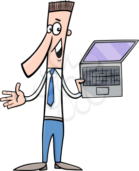 Cartoon Illustration of Man Doing Presentation with Notebook or Laptop
