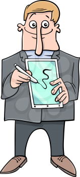 Cartoon Illustration of Man Doing Presentation with Tablet PC and a Pen