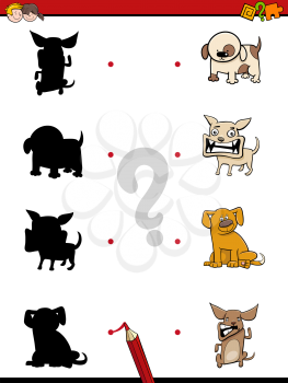 Cartoon Illustration of Find the Shadow Educational Activity Game for Children with Dogs Animal Characters