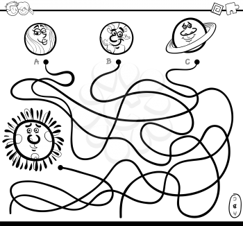 Black and White Cartoon Illustration of Paths or Maze Puzzle Activity Game with Orbs and Planet Characters Coloring Page