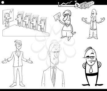 Black and White Cartoon Illustration Set of Businessman Characters and Business Concepts