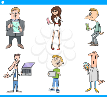 Cartoon Illustration Set of People with Computers or Tablets and Smart Phones New Technology Electronic Devices