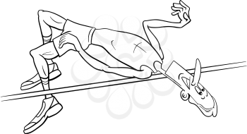 Black and White Cartoon Illustrations of High Jump Sportsman or Athlete Training Coloring Page