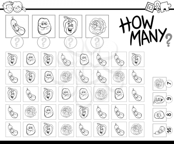 Black and White Cartoon Illustration of Educational How Many Counting Activity for Children with Vegetable Characters Coloring Page