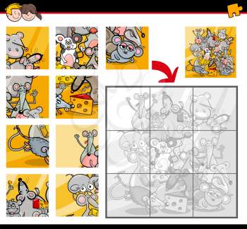 Cartoon Illustration of Education Jigsaw Puzzle Activity for Children with Mice Animal Characters