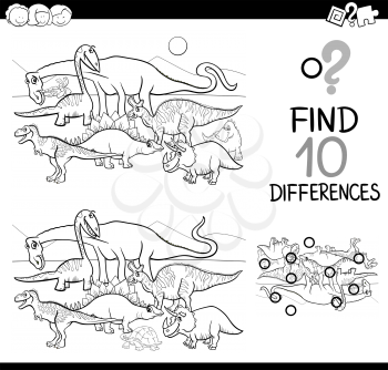 Black and White Cartoon Illustration of Finding Differences Educational Activity for Children with Kittens Dinosaur Animal Characters Coloring Page