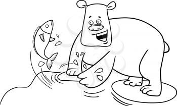Black and White Cartoon Illustration of Bear Catching Fish in the River Coloring Page