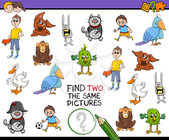 Cartoon Illustration of Find Two Identical Pictures Educational Activity for Children