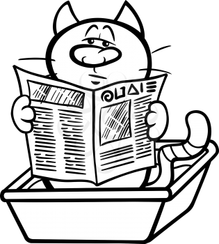 Black and White Cartoon Illustration of Cat Reading a Newspaper in his Litter Box Coloring Page