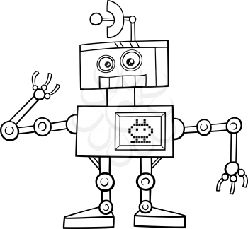 Black and White Cartoon Illustration of Funny Robot Fantasy Character Coloring Page
