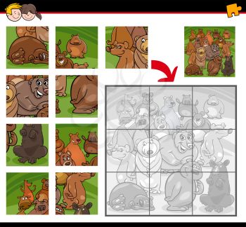 Cartoon Illustration of Education Jigsaw Puzzle Activity for Children with Bear Animal Characters
