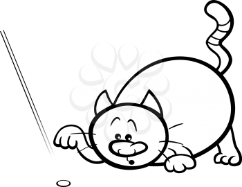 Black and White Cartoon Illustration of Cat Playing with Laser Pointer Coloring Page
