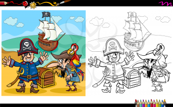 Cartoon Illustration of Pirates on Treasure Island Coloring Book Activity