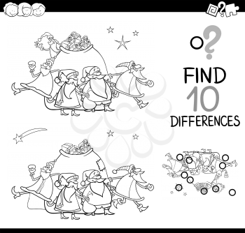 Black and White Cartoon Illustration of Finding Differences Educational Game for Children with Santa Claus Christmas Characters Coloring Page