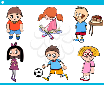 Cartoon Illustration of School Age Children Characters Set