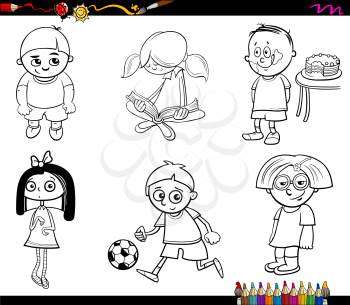 Black and White Cartoon Illustration of Children Characters Set Coloring Page