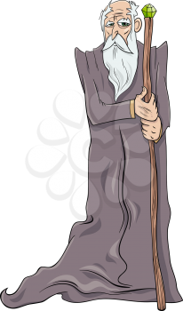 Cartoon illustration of Old Wizard Fantasy Character with Magic Staff