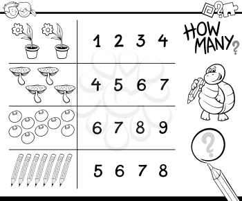 Black and White Cartoon Illustration of Educational Counting Activity for Children Coloring Page