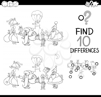 Black and White Cartoon Illustration of Finding Differences Educational Activity for Kids with Christmas Characters Coloring Book