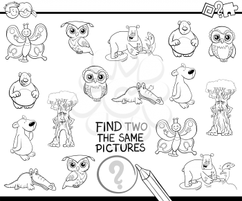 Black and White Cartoon Illustration of Finding Two Identical Pictures Educational Game for Kids Coloring Page
