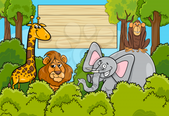 Cartoon Illustration of Wild Animal Characters with Wooden Board