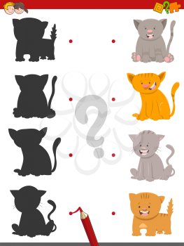 Cartoon Illustration of Find the Shadow Educational Activity Game for Children with Cats or Kittens Animal Characters