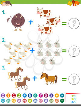 Cartoon Illustration of Educational Mathematical Addition Activity Game for Children with Farm Animal Characters