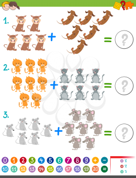Cartoon Illustration of Educational Mathematical Addition Activity Game for Kids with Animal Characters