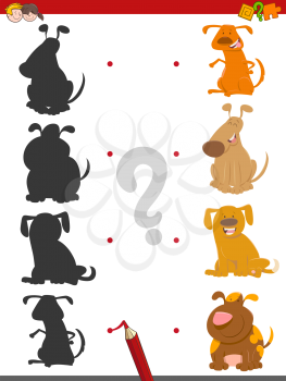 Cartoon Illustration of Find the Shadow Educational Activity Game for Kids with Dog Characters